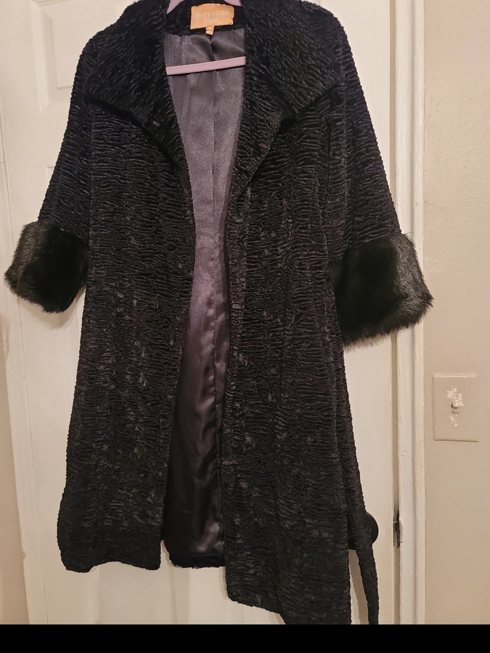 Sherry Cassin Black Textured Coat with Fur Cuffs
